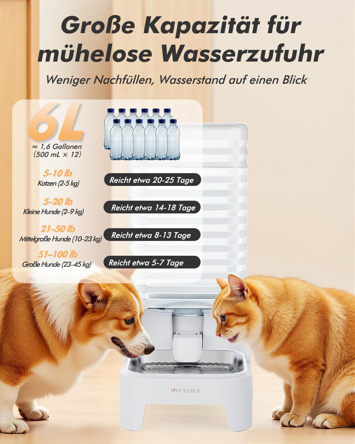 Detalle de 6L Wasserspender für Hunde und Katzen mit patentiertem Wasserhahn – BPA-frei, leicht zu reinigen, mit verstellbarem Sockel