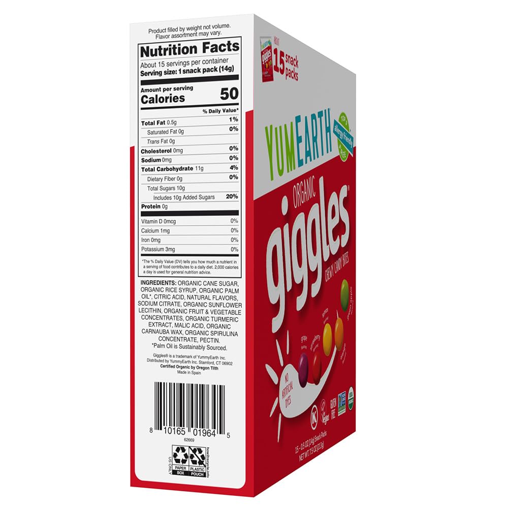 Detalle 2 de YumEarth Organic Giggles Chewy Candy – 0.5oz Snack Pack, Box of 15