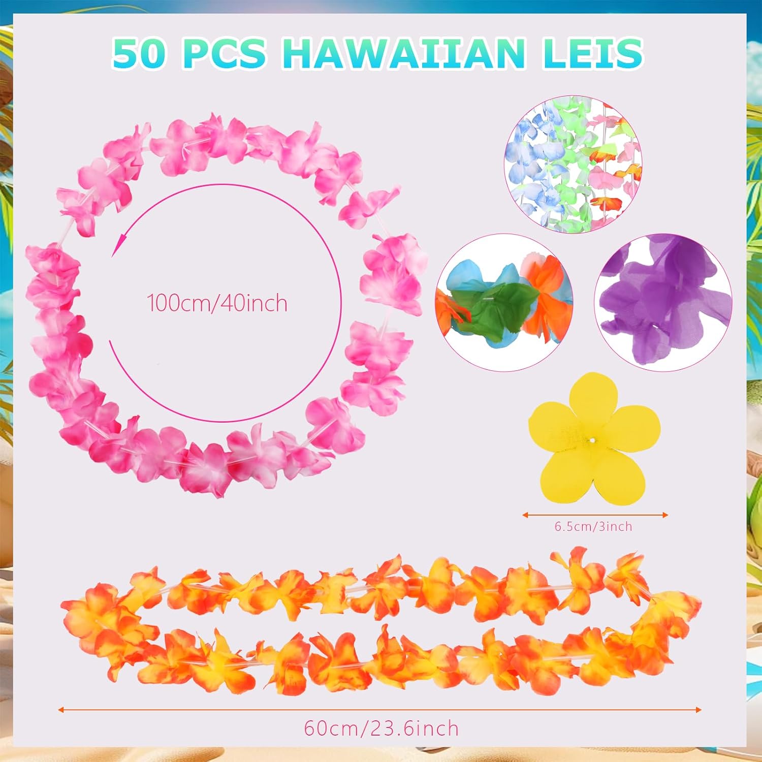 Detalle de Amicably 50 Pieces Hawaiian Leis Party Decorations – 50 Styles Flower Garlands Bulk