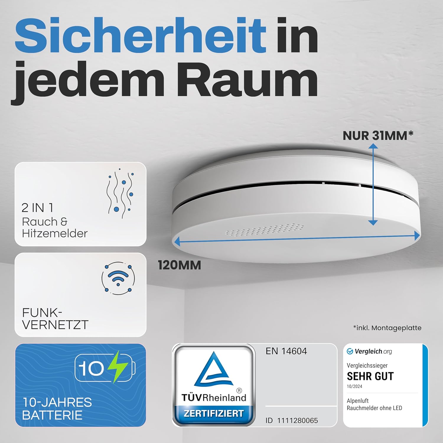 Detalle de ALPENLUFT Rauchmelder Funk Vernetzt 2in1 – 3er Set, 10 Jahre Batterie, ohne Bohren, LED-Blinken ohne Störung
