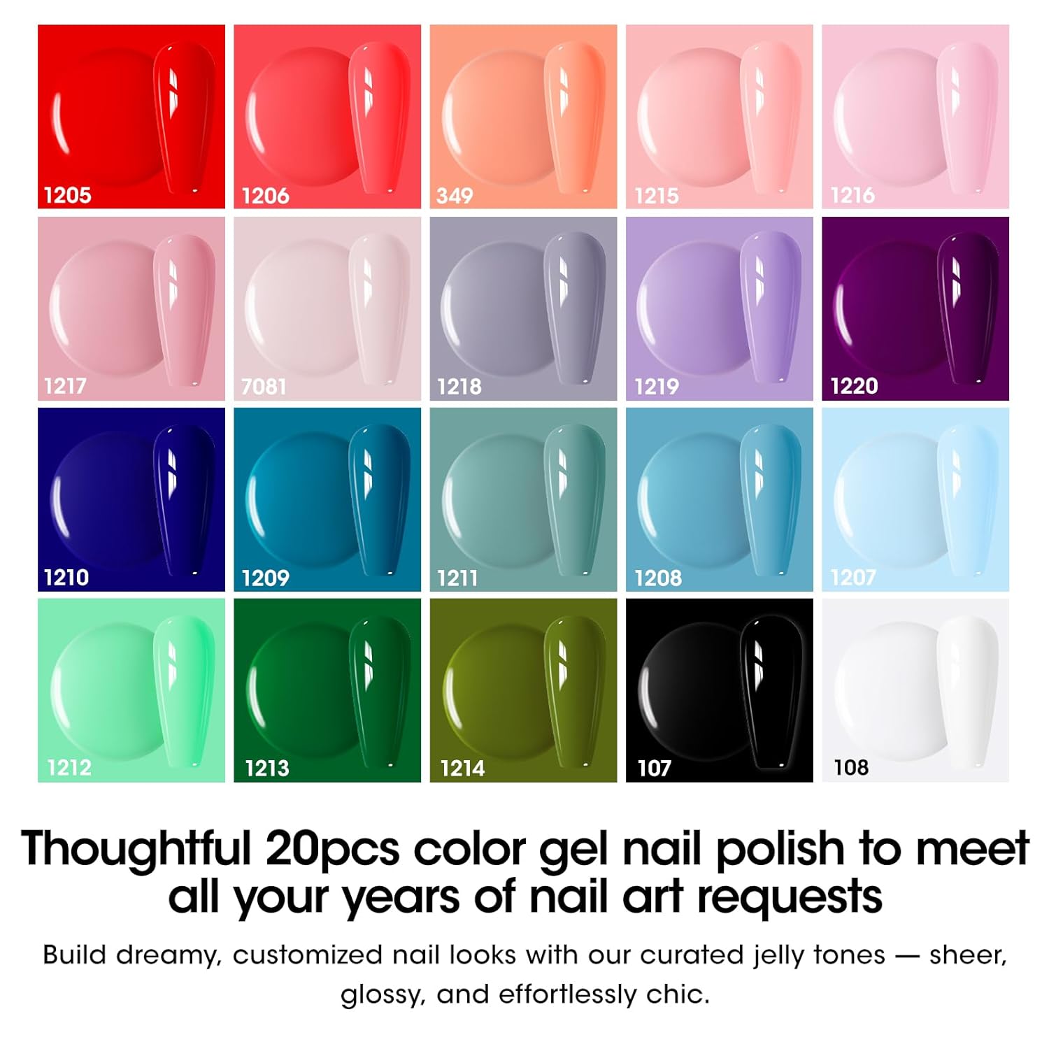 Detalle 2 de GELLEN 24-Piece Gel Nail Polish Set: 20 Colors + Base Coat, Glossy & Matte Top Coats, Cat-Eye Magnetic Finish