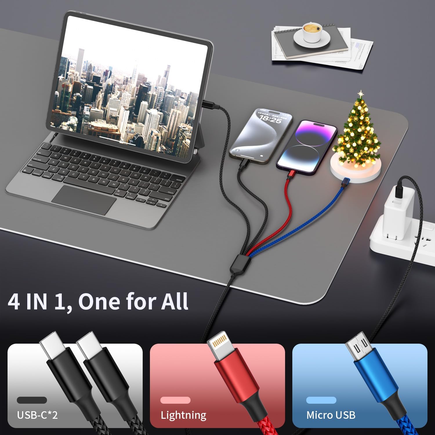 Detalle de MPATIBY USB C to 4 in 1 Charging Cable with Dual Type-C Ports (2-Pack, 5ft)