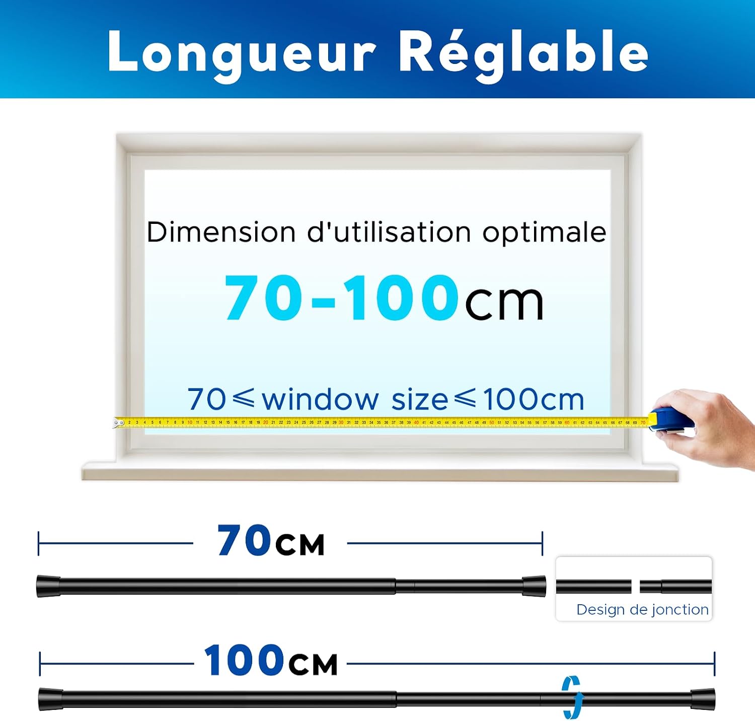 Detalle 2 de Tringle à rideaux extensible sans perçage BSYXLSX noire 70–100 cm