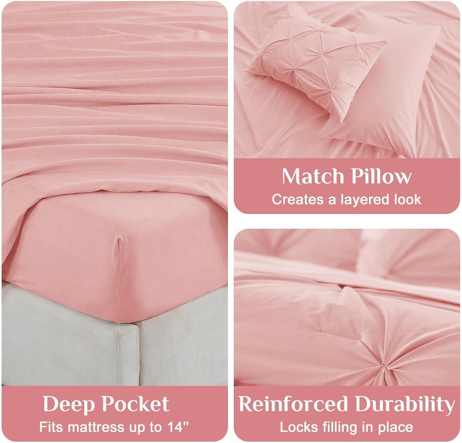 Detalle de JOLLYVOGUE Queen Comforter Set (7-Piece) with Pintuck Microfiber Bedding, Pink