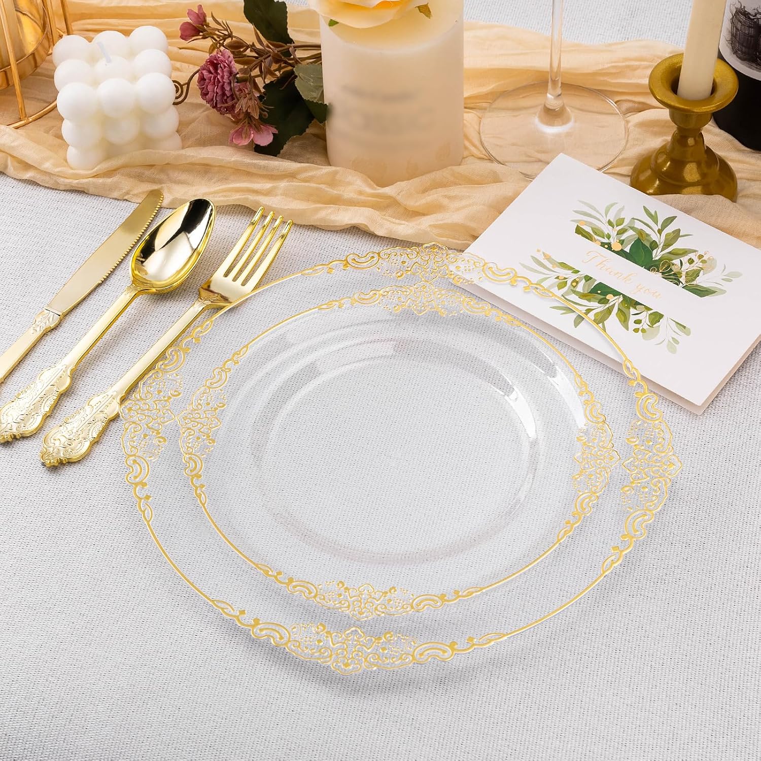Detalle 2 de Bestluck 200 PCS Clear and Gold Plastic Plates 10.25