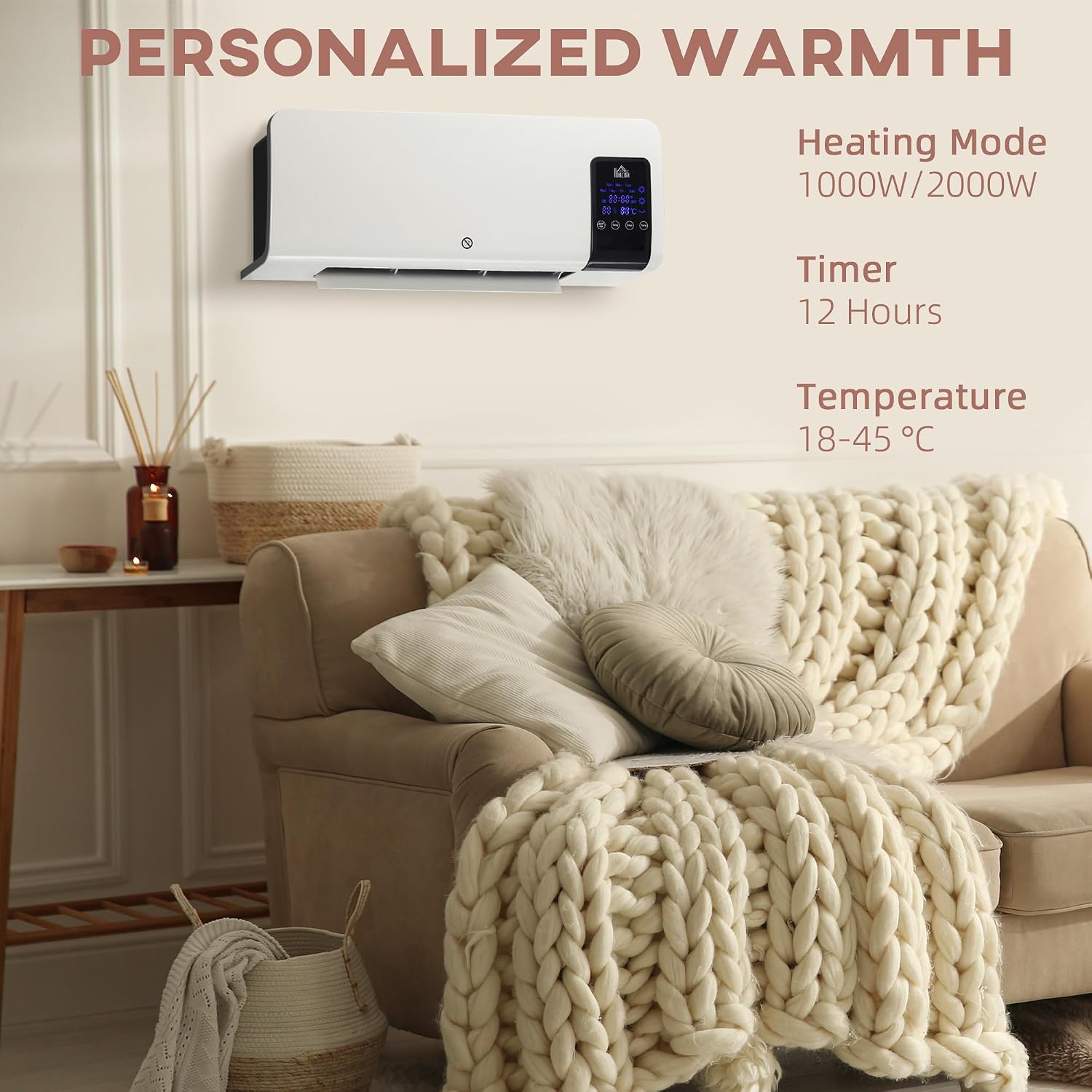 Detalle de HOMCOM 820-294V70WT Wall-Mounted Ceramic Heater, 2,000W, Remote Control