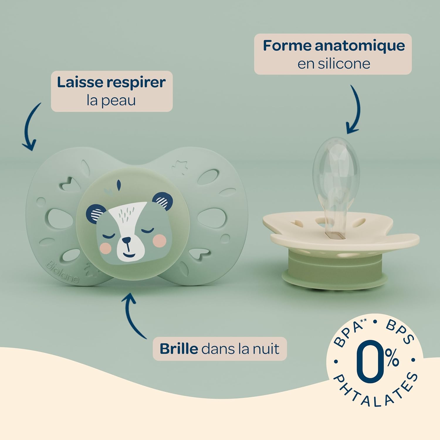 Thumbnail 3 de BIOLANE Tétines anatomiques de nuit phosphorescentes 18 mois et plus (vert et beige) téterelle plate réversible