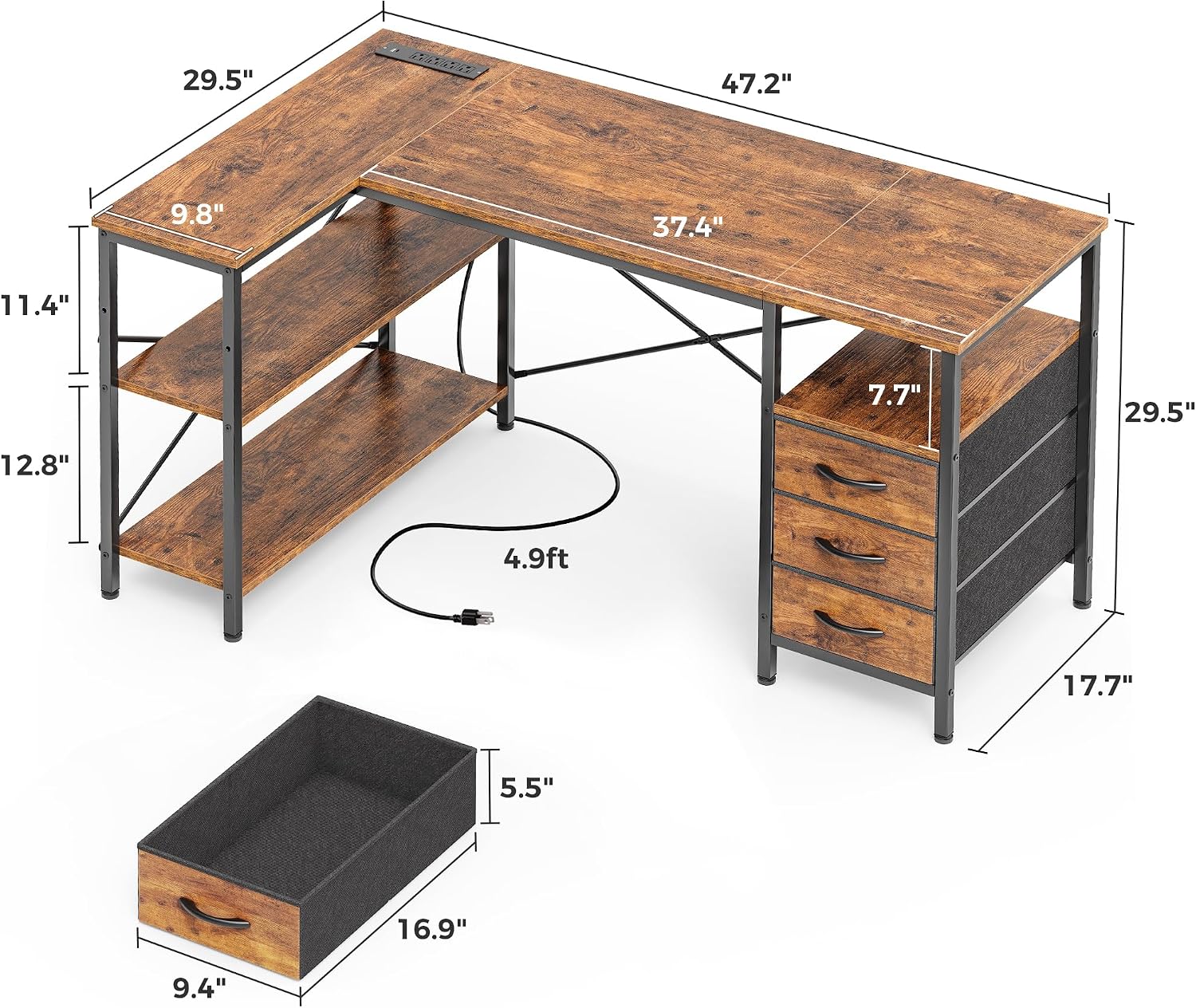 Thumbnail 2 de Huuger L Shaped Desk with Power Outlets 47 Inch Corner Office Desk
