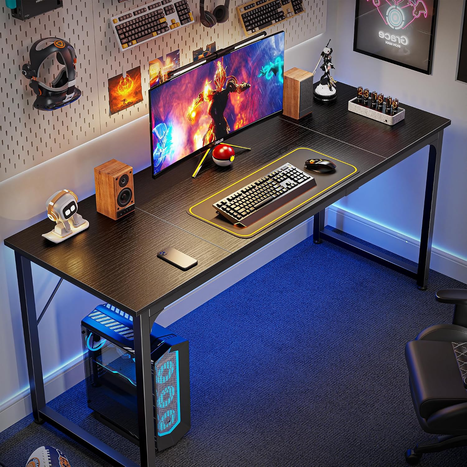 Detalle de Huuger 63-Inch Modern Desk, Black Metal Frame for Gaming and Writing