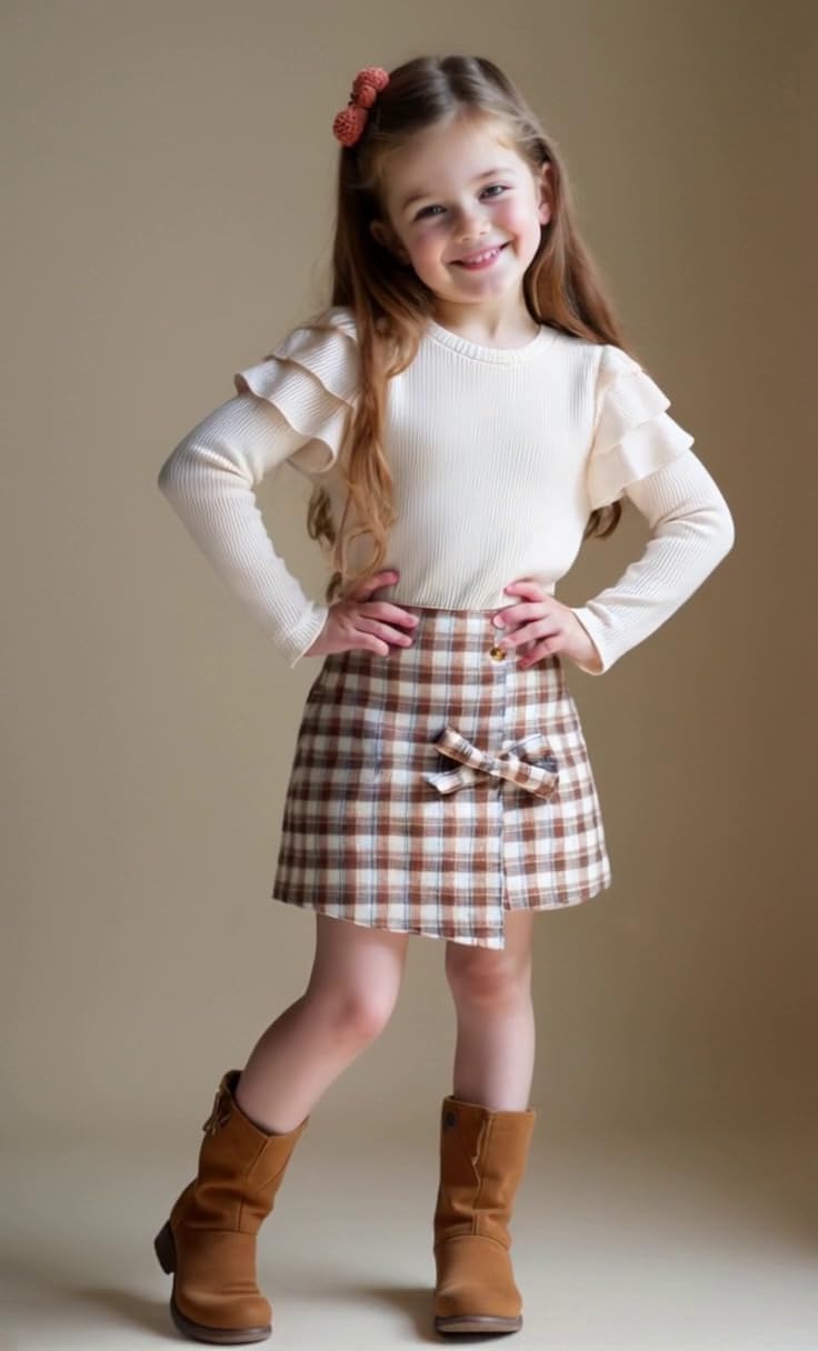 Thumbnail 2 de HPSOM girls’ 2-piece ruffle ribbed top and plaid skirt set (2–7Y)