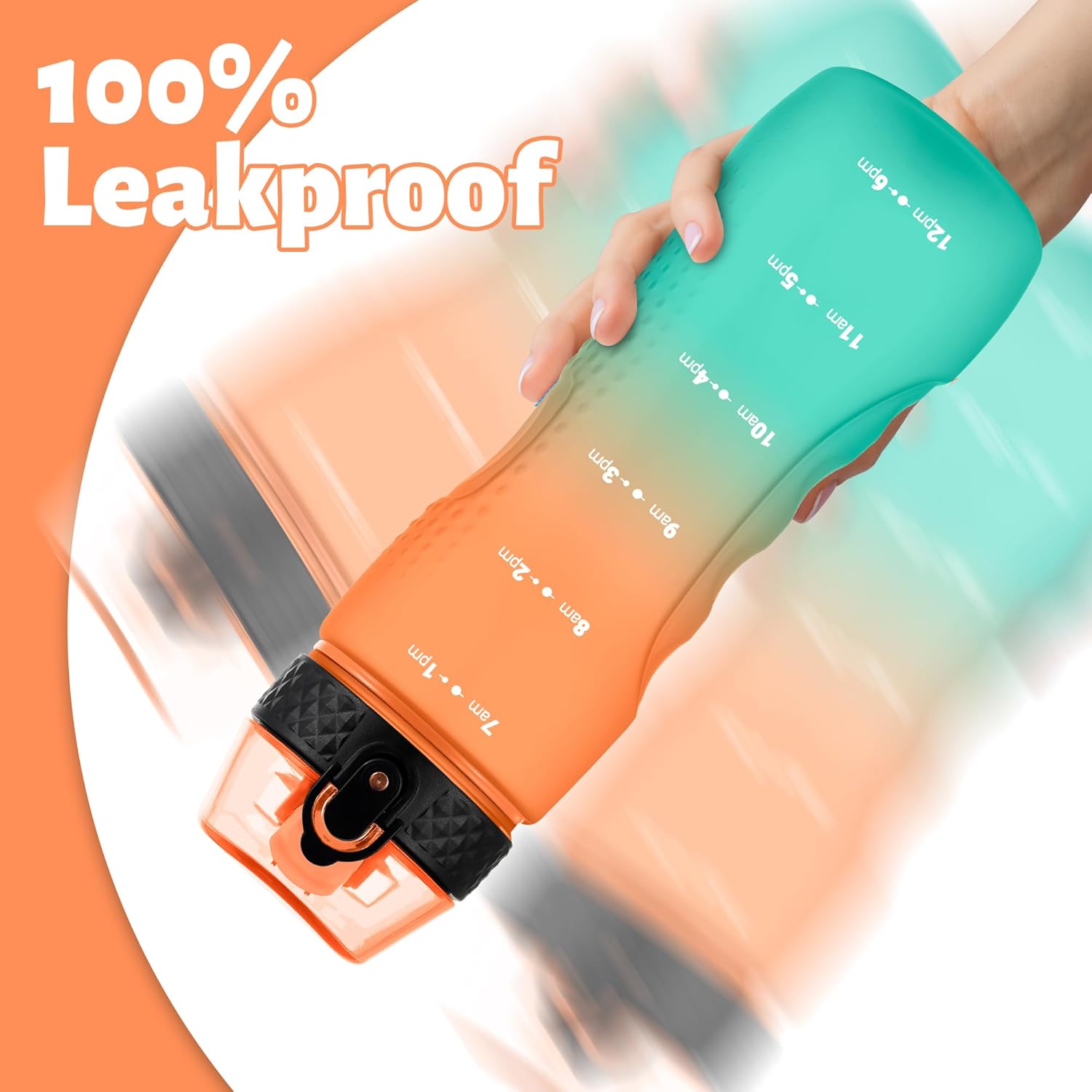 Detalle 2 de OLDLEY 750ml/25oz Leakproof Straw Water Bottle with Time Markings – BPA Free Tritan, 1 Lid (Orange/Green)