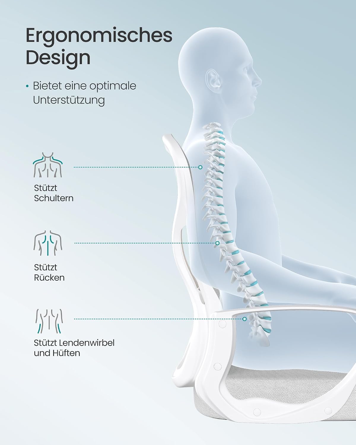 Detalle de SONGMICS ergonomischer Bürostuhl OBN043GD02 mit Netzgewebe, Lendenstütze und Wippfunktion