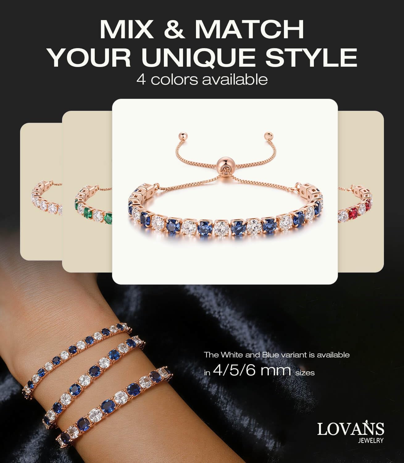 Thumbnail 1 de LOVANS Adjustable 4/5/6mm Cubic Zirconia Tennis Bracelet – White/Rose Gold Plated