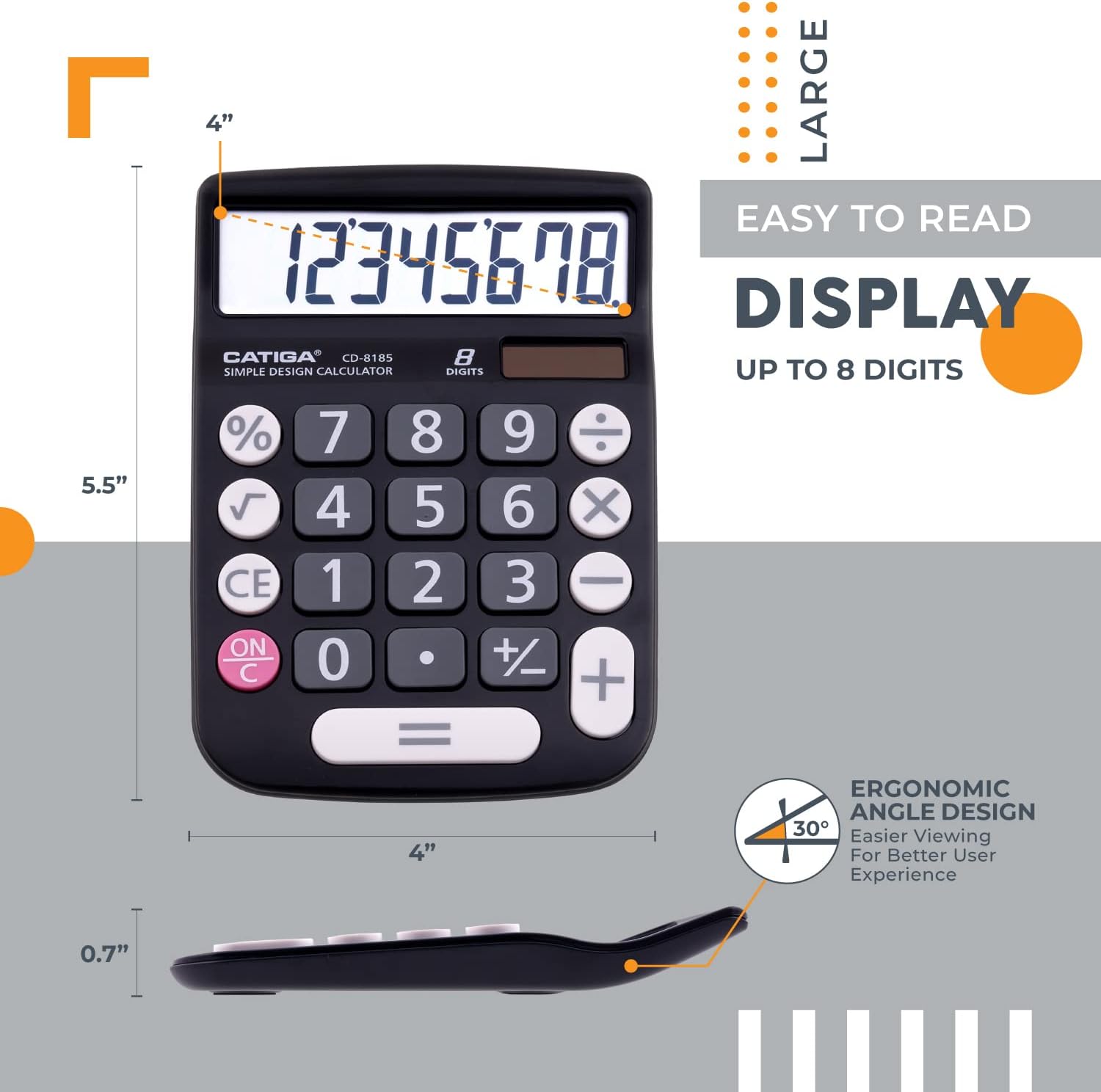 Thumbnail 1 de CATIGA Desktop Calculator 8 Digit with Solar Power and LCD Display – Large Buttons, Dual Power, 4-Function Desk Calculator