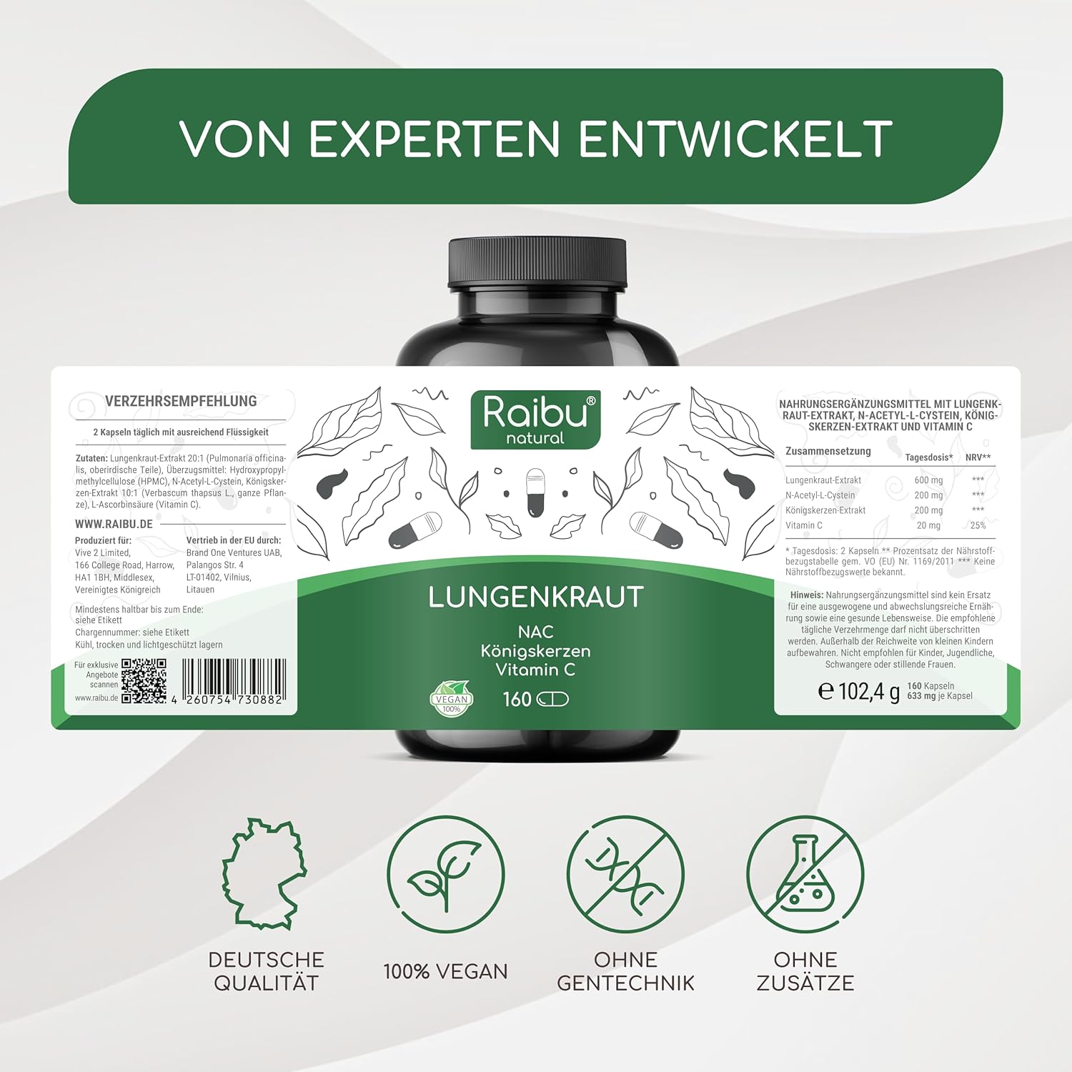 Detalle de Lungenkraut Kapseln Hochdosiert mit Königskerzen – 600 mg pro Tagesdosis, 160 Kapseln, vegan & frei von Zusätzen