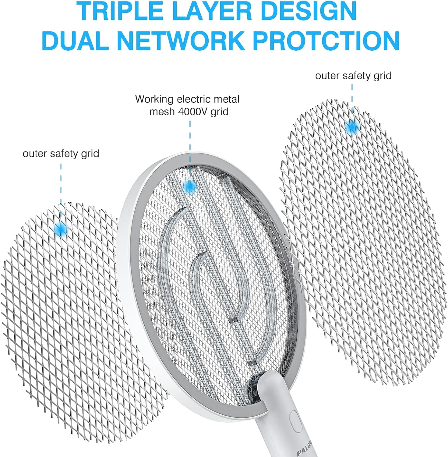 Detalle de PALONE Rechargeable Bug Zapper Racket, 2 Modes, 3-Layer Safety Grid, 2-Pack