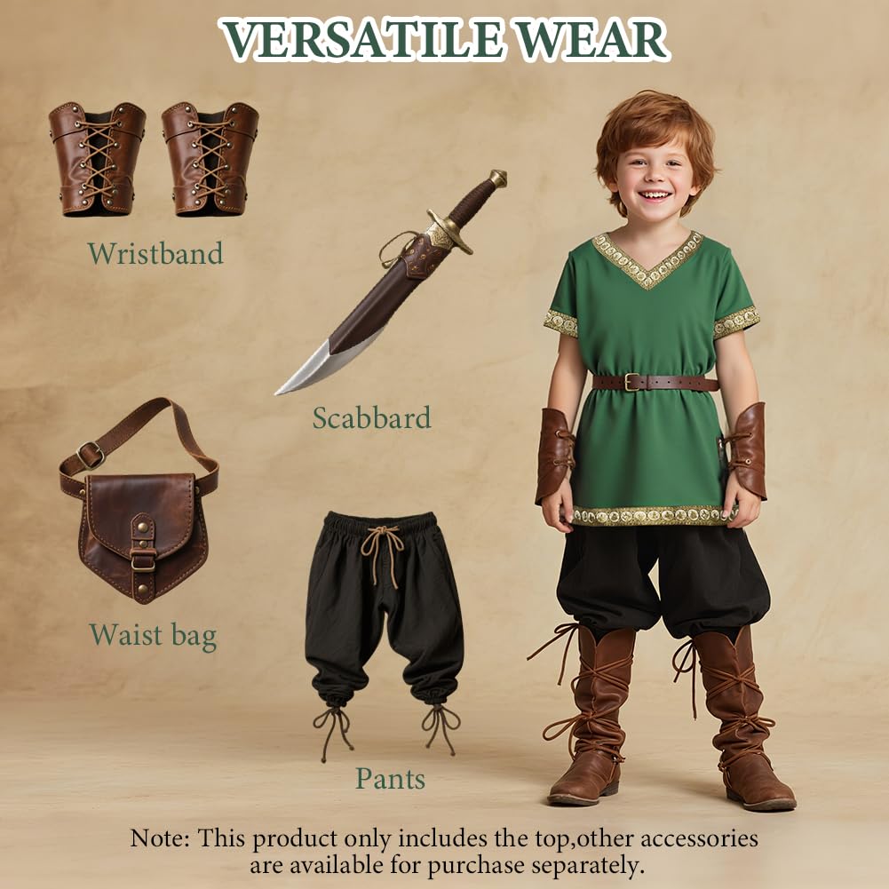 Detalle de AYBUY Renaissance Warrior Ritter Tops für Jungen – Dunkelgrüne Tunika mit Braunem Gürtel (120 cm)