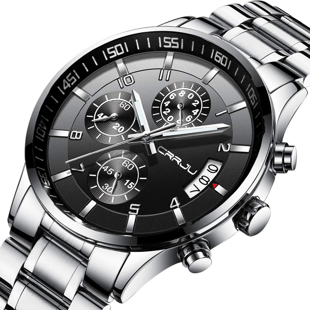 Detalle 2 de CRRJU Herren Chronographen-Uhr wasserdicht mit blauem Zifferblatt, Edelstahlband und Kalender