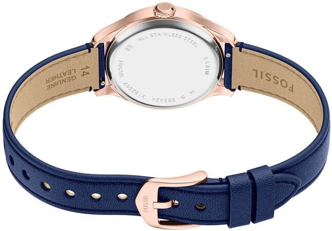 Detalle de FOSSIL Gilmore Damen-Armbanduhr – Quarz, roségoldenes Gehäuse, blaues Zifferblatt und blaues Lederarmband