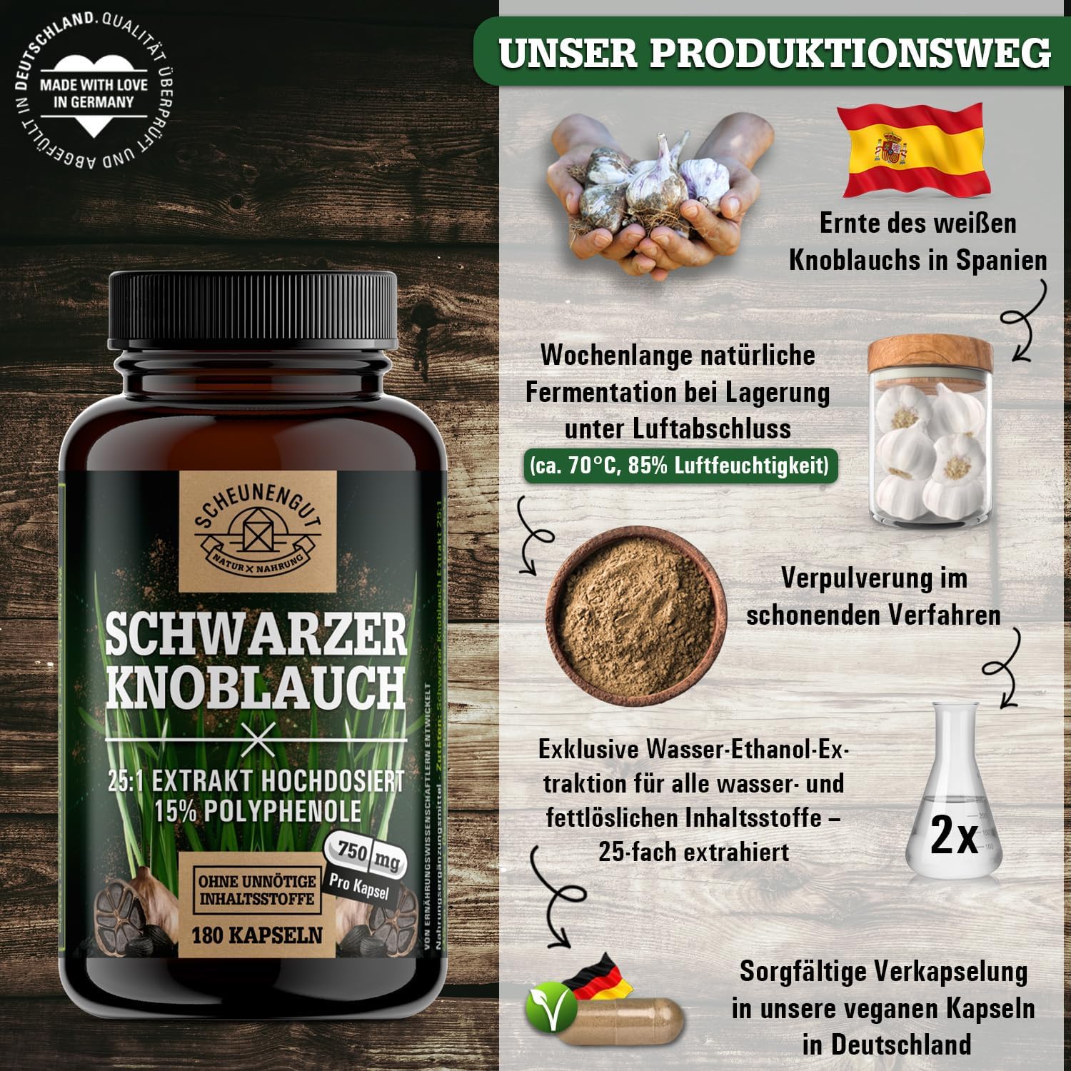 Detalle 2 de SCHEUNENGUT® Schwarzer Knoblauch 1500mg Kapseln 🧄