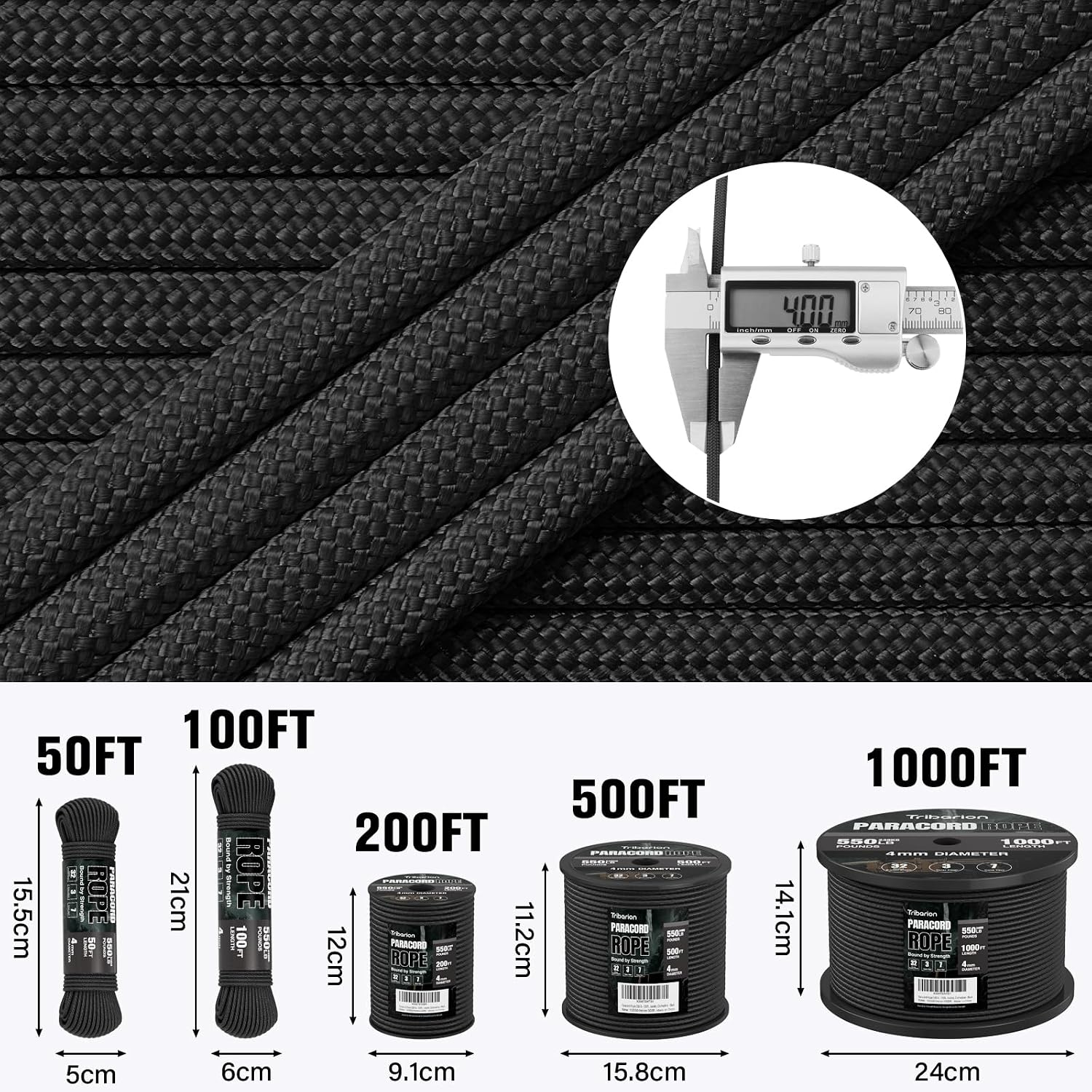 Thumbnail 4 de Triberion 550lb-Black-100ft Paracord Rope, 4 mm, 7-Strand, Black