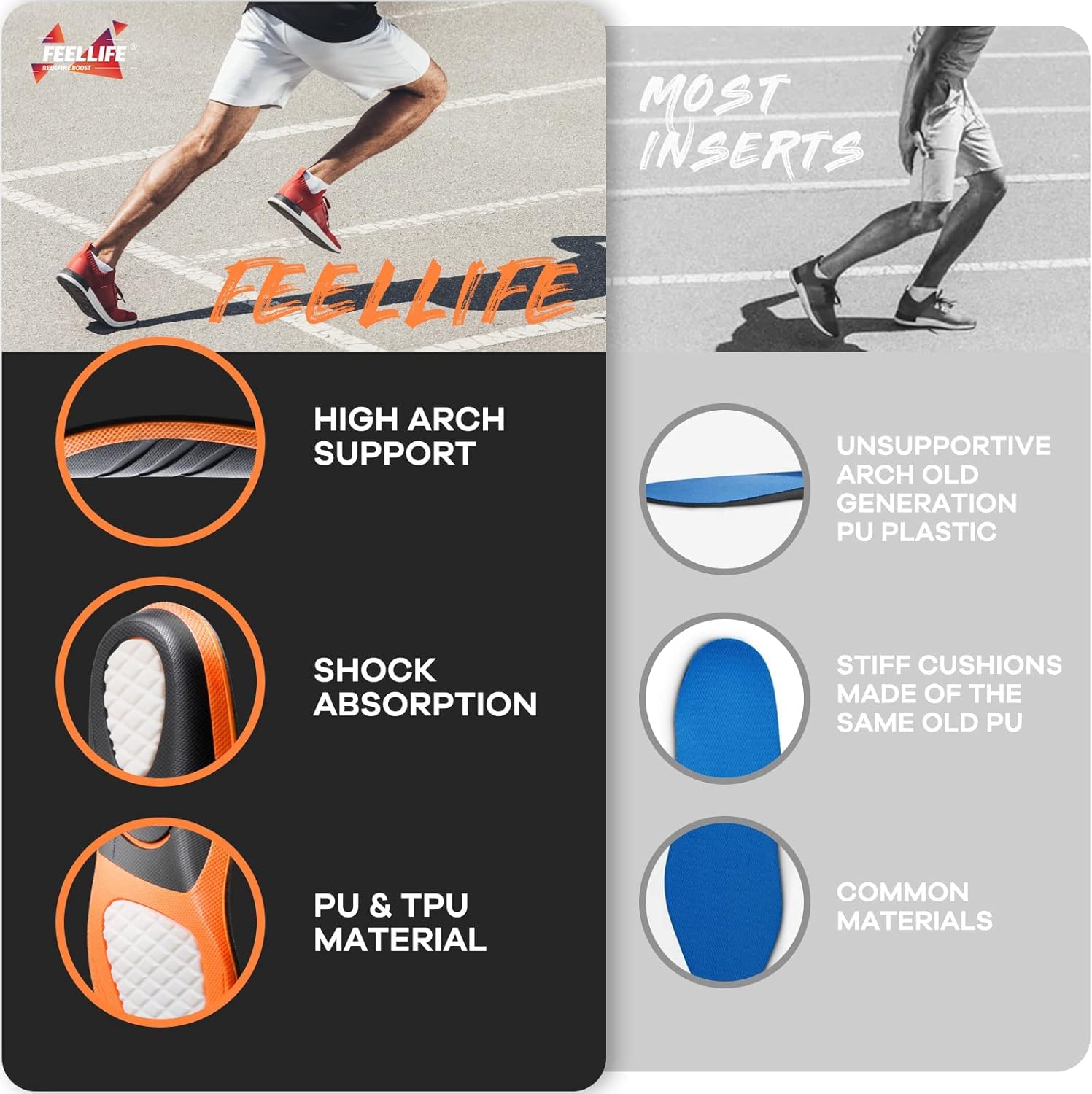 Detalle de FEELLIFE Plantar Fasciitis Relief Shoe Insoles: Arch Support, Deep Heel Cradle, 1 Pair