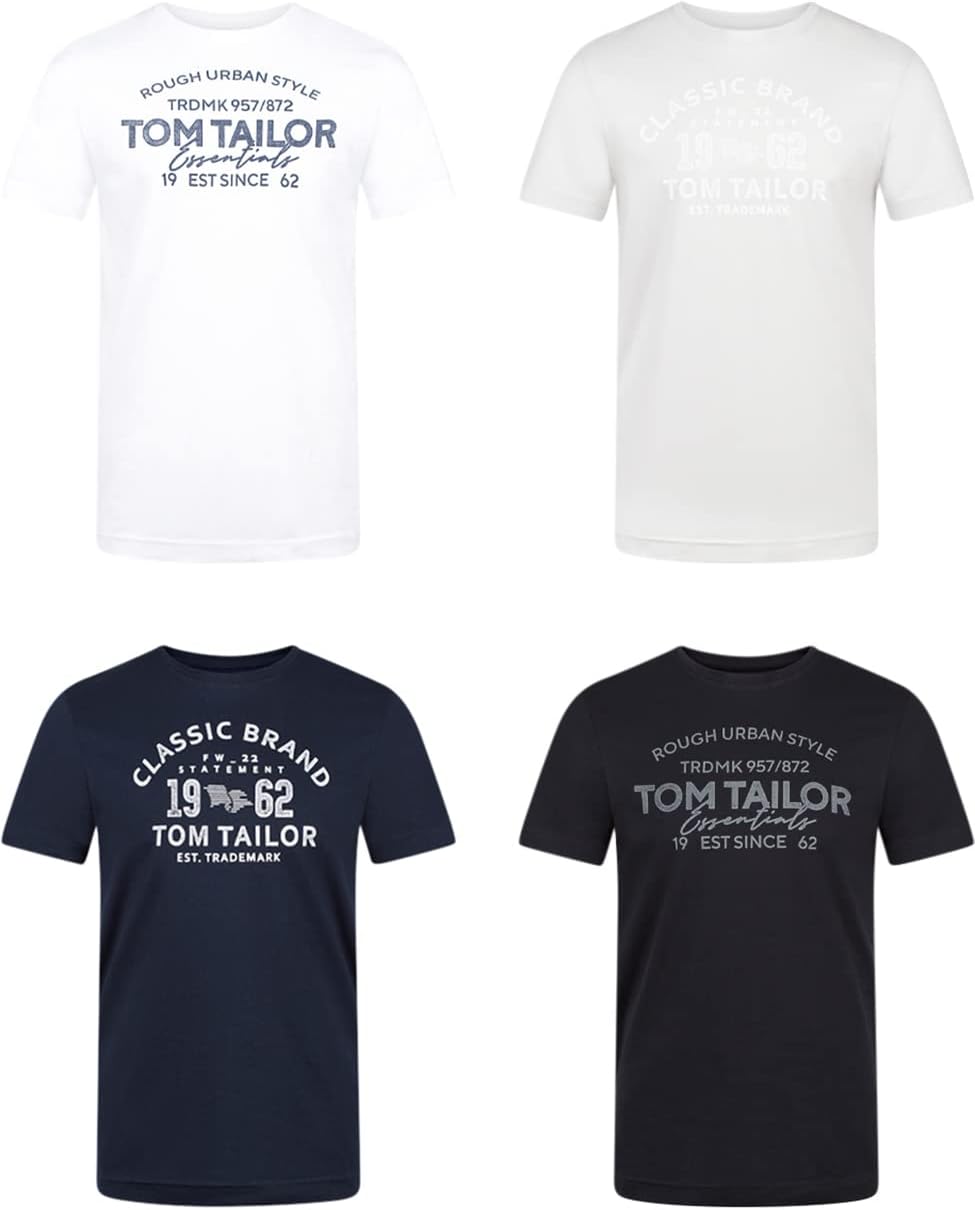 Detalle de TOM TAILOR Herren T-Shirt 4er Pack Baumwolle Regular Fit – Rundhals, Logo Print