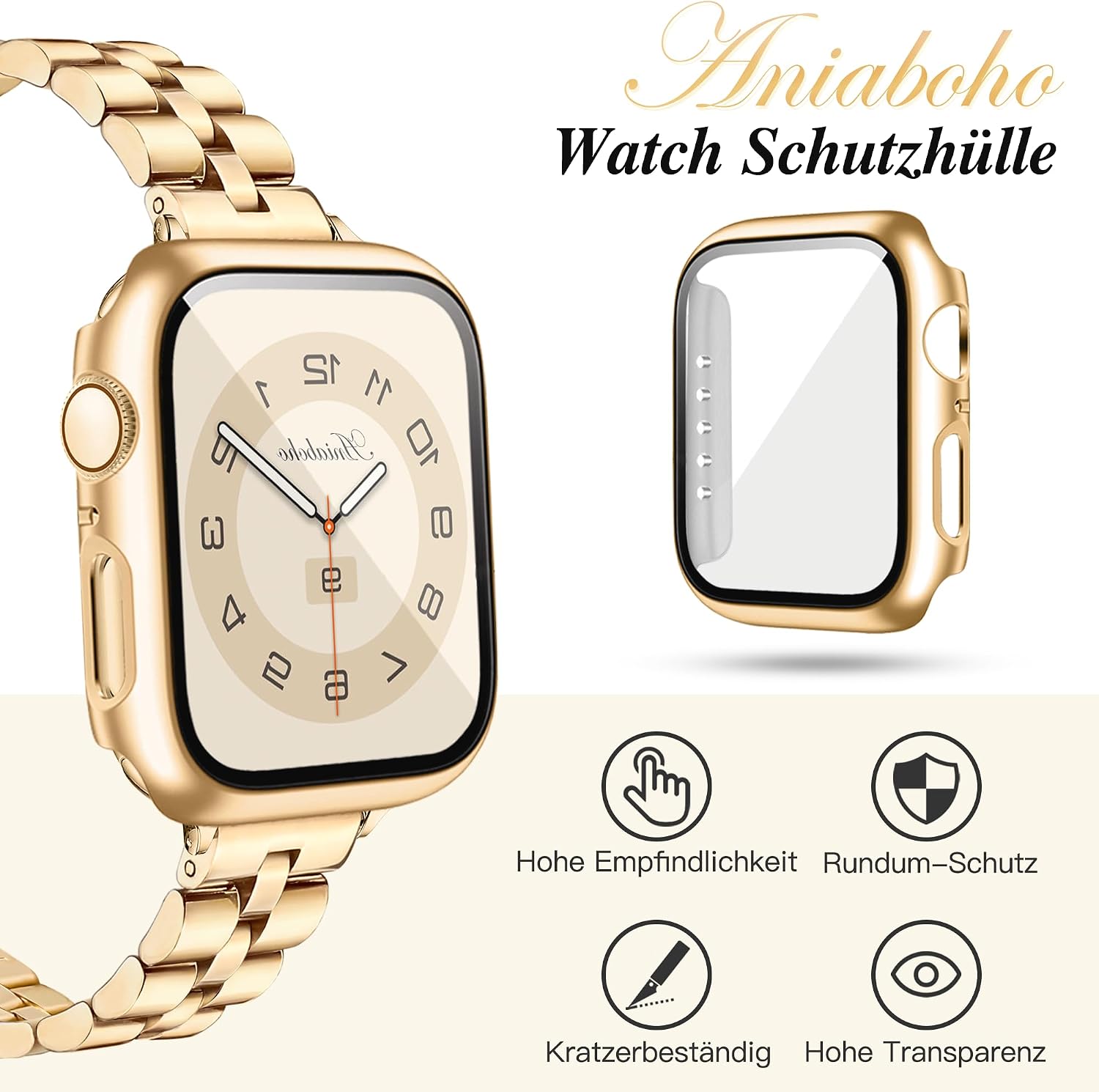 Detalle de Aniaboho Apple Watch Band 40mm mit Schutzhülle – Edelstahl, Gold, kompatibel mit Apple Watch SE/Series 4–6 (40 mm)