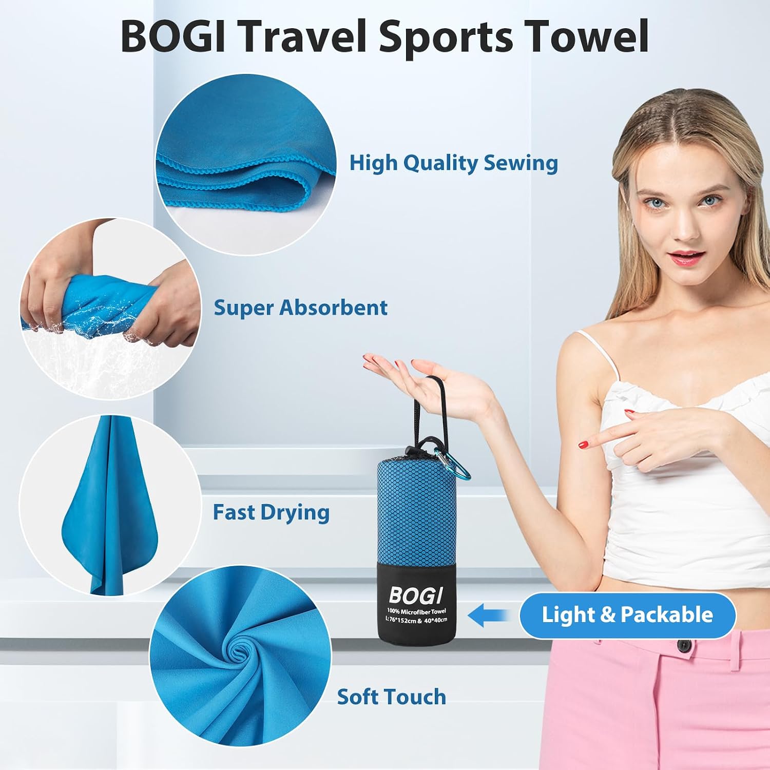 Detalle 2 de BOGI Microfibre Quick Dry Gym Towel (100cm x 50cm) – Soft, Lightweight & Super Absorbent (Blue)