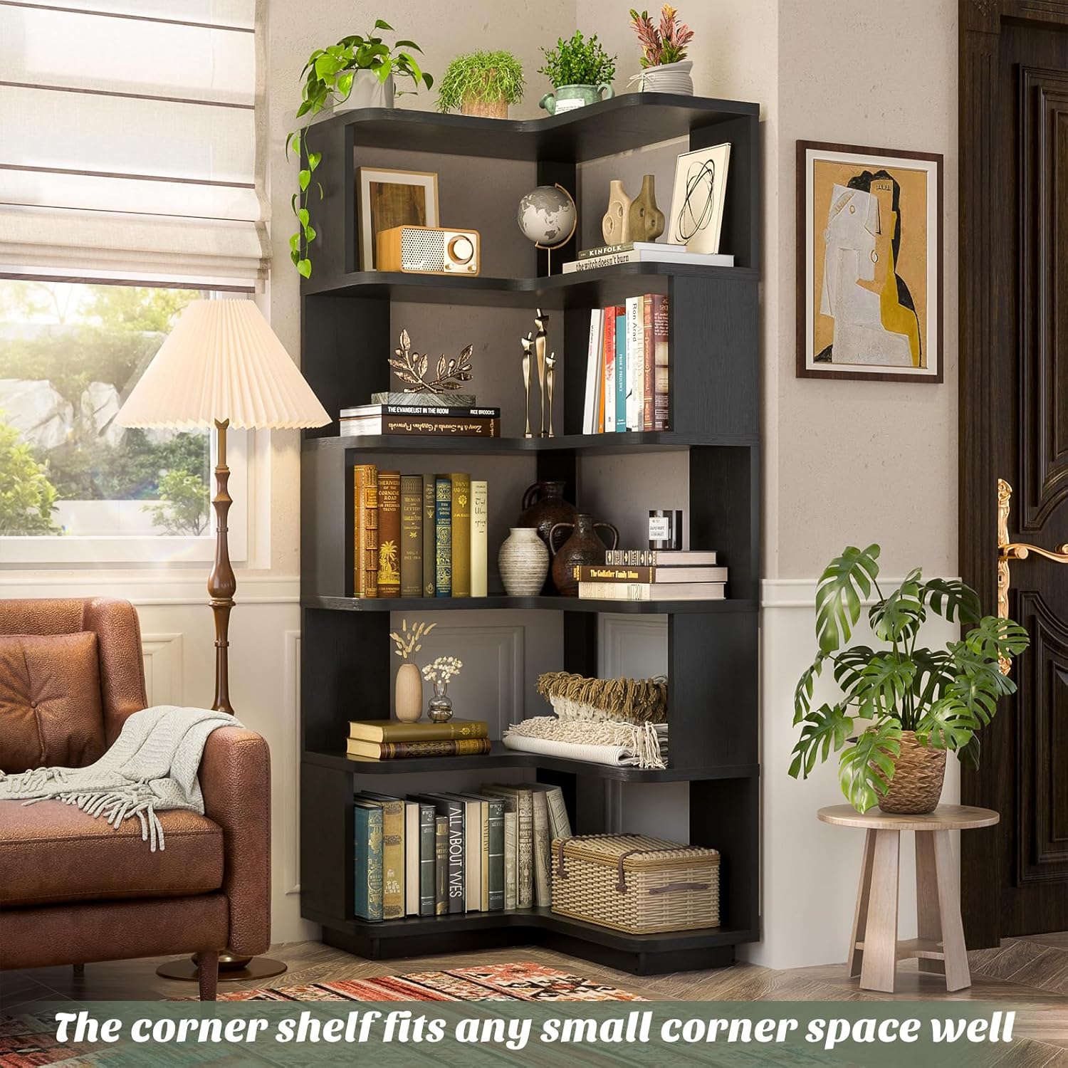 Detalle de Armocity Corner Book Shelf - 6 Tier Corner Bookshelf with Baffle, Freestanding L-Shape Display Shelf for Home & Office