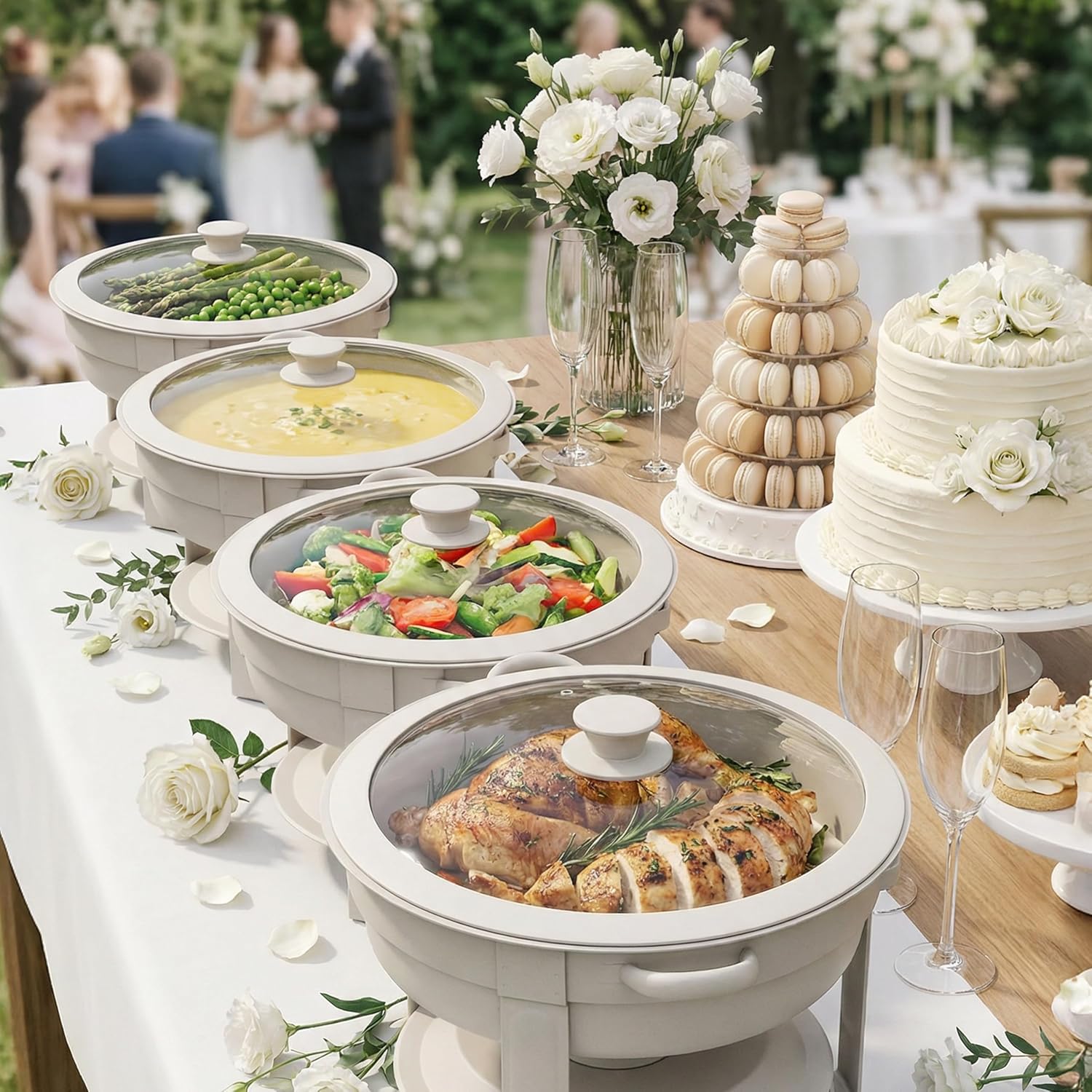 Thumbnail 1 de Trivico 6QT Round Chafing Dish Set of 4 (White Granite Finish, Stainless Steel) with Transparent Lids