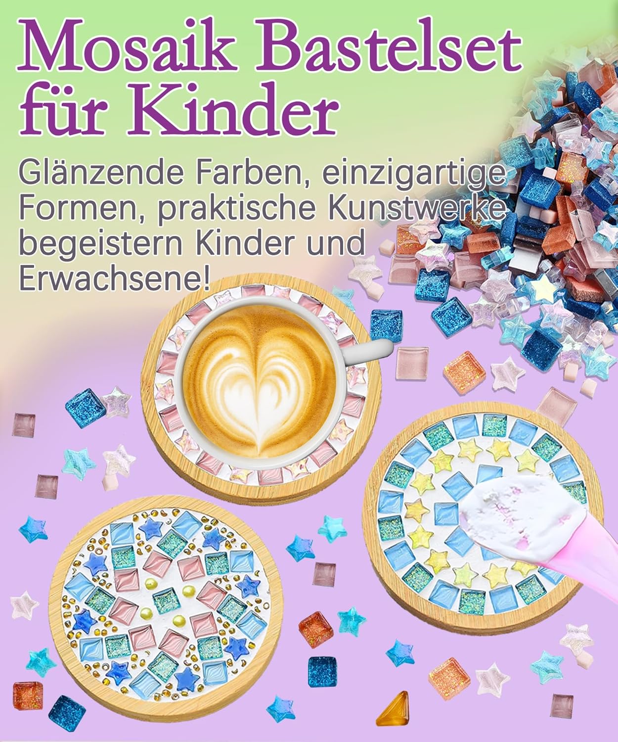 Detalle de Finsink Mosaik Bastelset für Kinder – 4er Untersetzer-Set aus Holz mit Glas-Mosaiksteinen