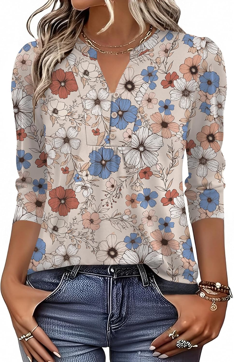 Detalle de IECCP 3/4 Sleeve Henley V-Neck Pleated Top (Womens) — Loose Fit Dressy Casual Blouse