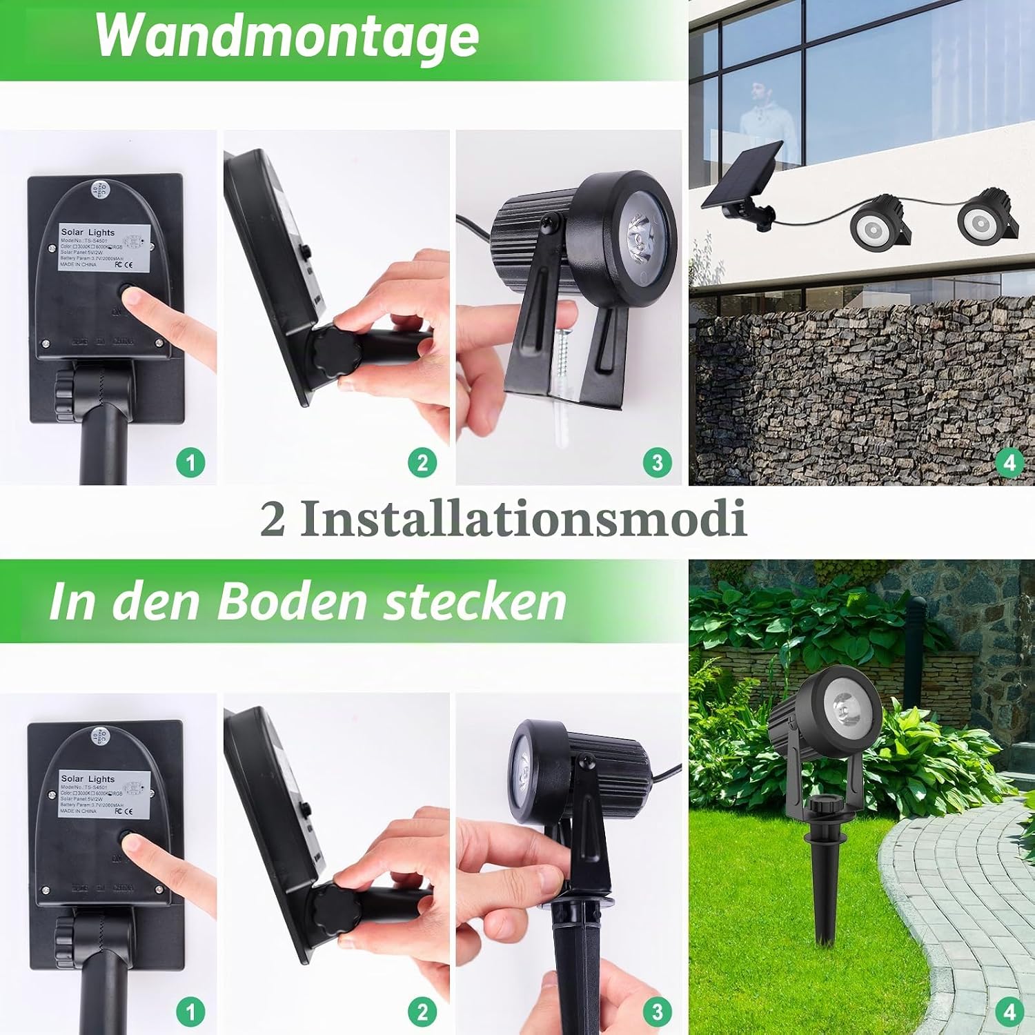 Detalle 2 de T-SUNUS Solarstrahler Außen – zuverlässige Gartenbeleuchtung mit 2 Modi, IP65, getrenntes Panel