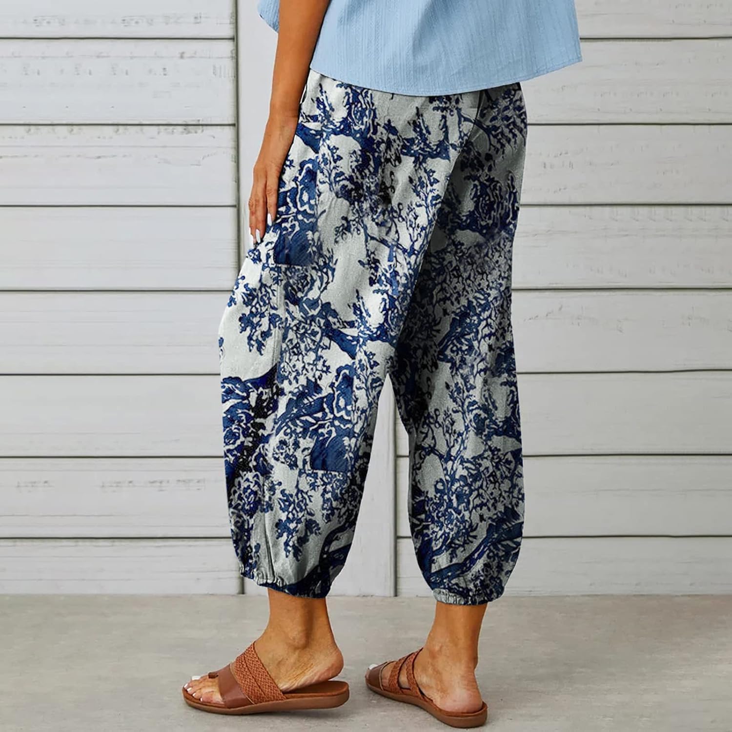 Thumbnail 5 de Women's Capri Pants High Waist Drawstring Cinch Bottom with Button Cotton Loose Casual Trouser with Pockets