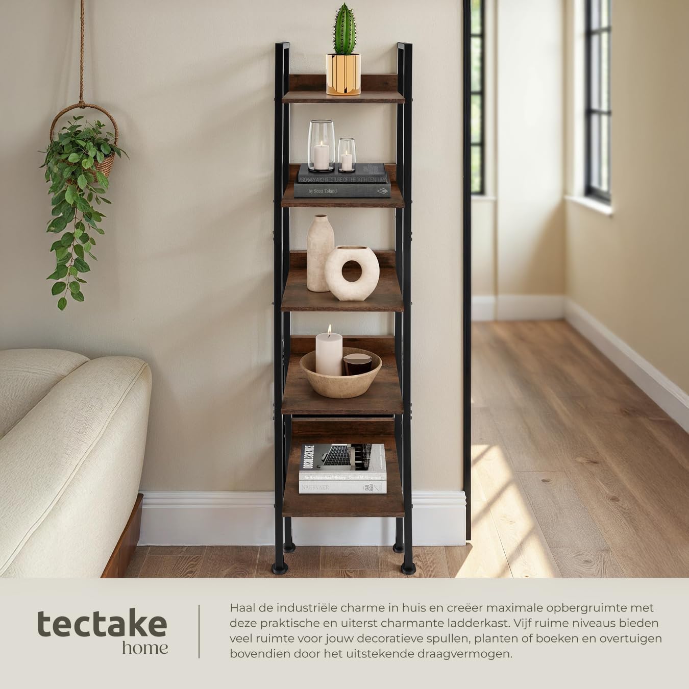 Detalle de tectake Ladderrek met 5 planken, donkerbruin en zwart staal, 170,5 cm hoog