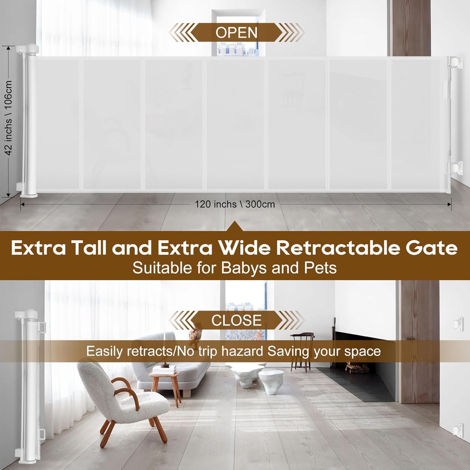 Detalle de Miumoon CB328 Retractable Baby Gate, 100-Inch Wide, 42-Inch-Tall Mesh