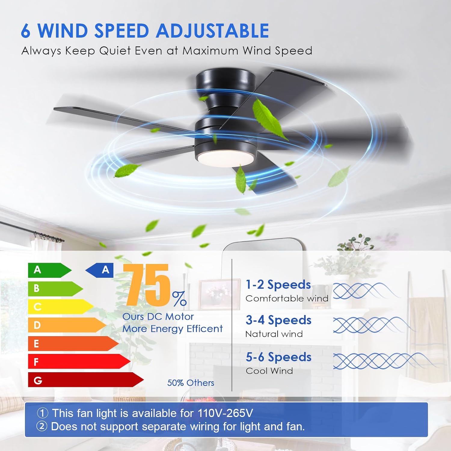 Thumbnail 1 de Black Ceiling Fans with Lights - 46" Flush Mount Ceiling Fan with Remote and 5 Reversible Blades