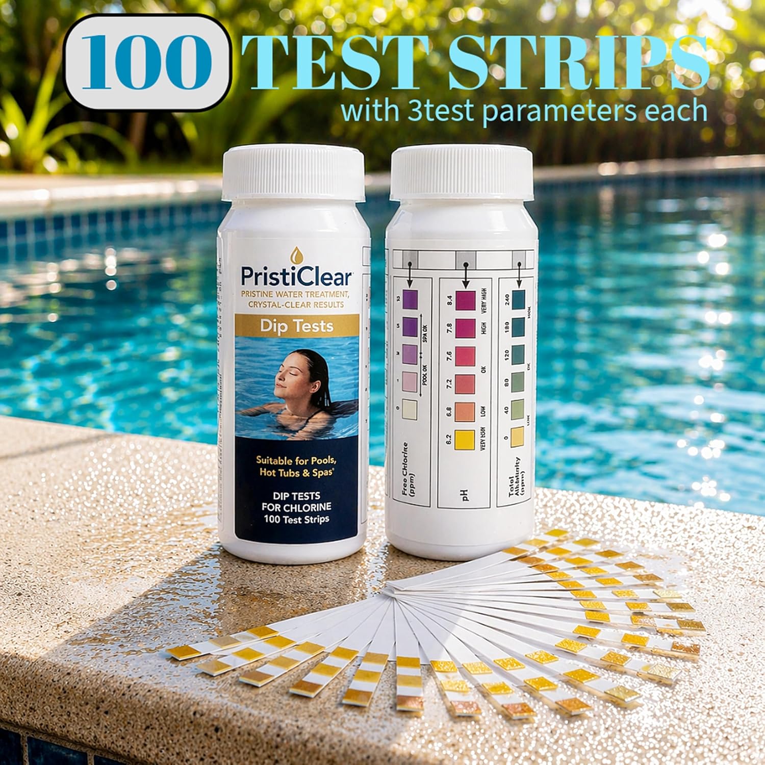 Detalle de PristiClear Chlorine Pool Test Strips — 100 Tests for Chlorine, pH & Alkalinity