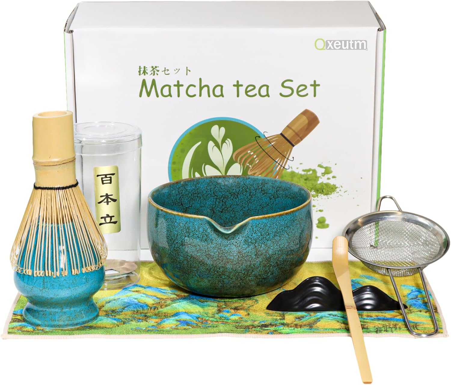 Detalle de Qxeutm Matcha Set – 7-teiliges Premium Matcha Starter Set (blau) mit Schale, Besen, Sieb & Tuch
