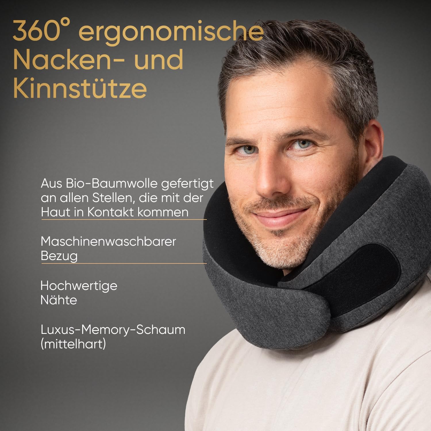 Thumbnail 3 de Proglobe Luxe Memory-Schaum Reisekissen (Aschschwarz) – kompaktes Nackenkissen mit Kinnstütze für lange Strecken