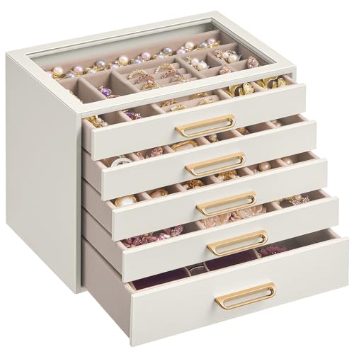 Detalle de SONGMICS Schmuckkästchen JBC205WD01 – 5 Ebenen, Glasdeckel, cremeweiß