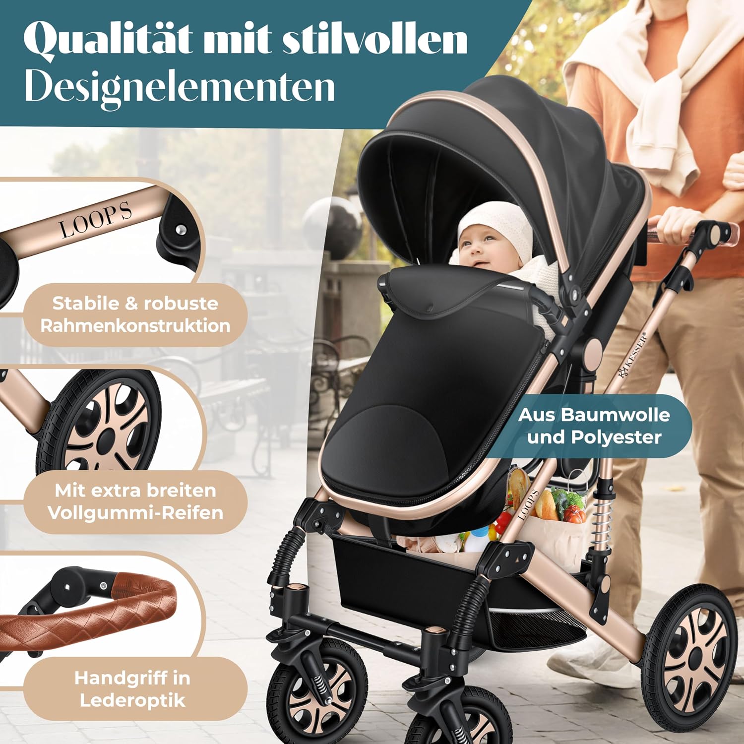 Thumbnail 2 de KESSER® Loops 4-in-1 Kombikinderwagen Komplett-Set (inkl. Babywanne, Sportsitz, Babyschale, Wickeltasche, Regenschutz) – Schwarz/Champagne