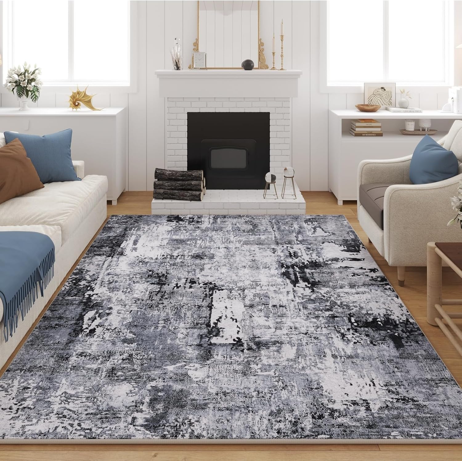 Detalle de Rugcomf 8x10 Area Rug – Washable Boho Faux Wool, Non-Slip Backing, 0.35" Plush Yet Low-Pile (Grey & Black)