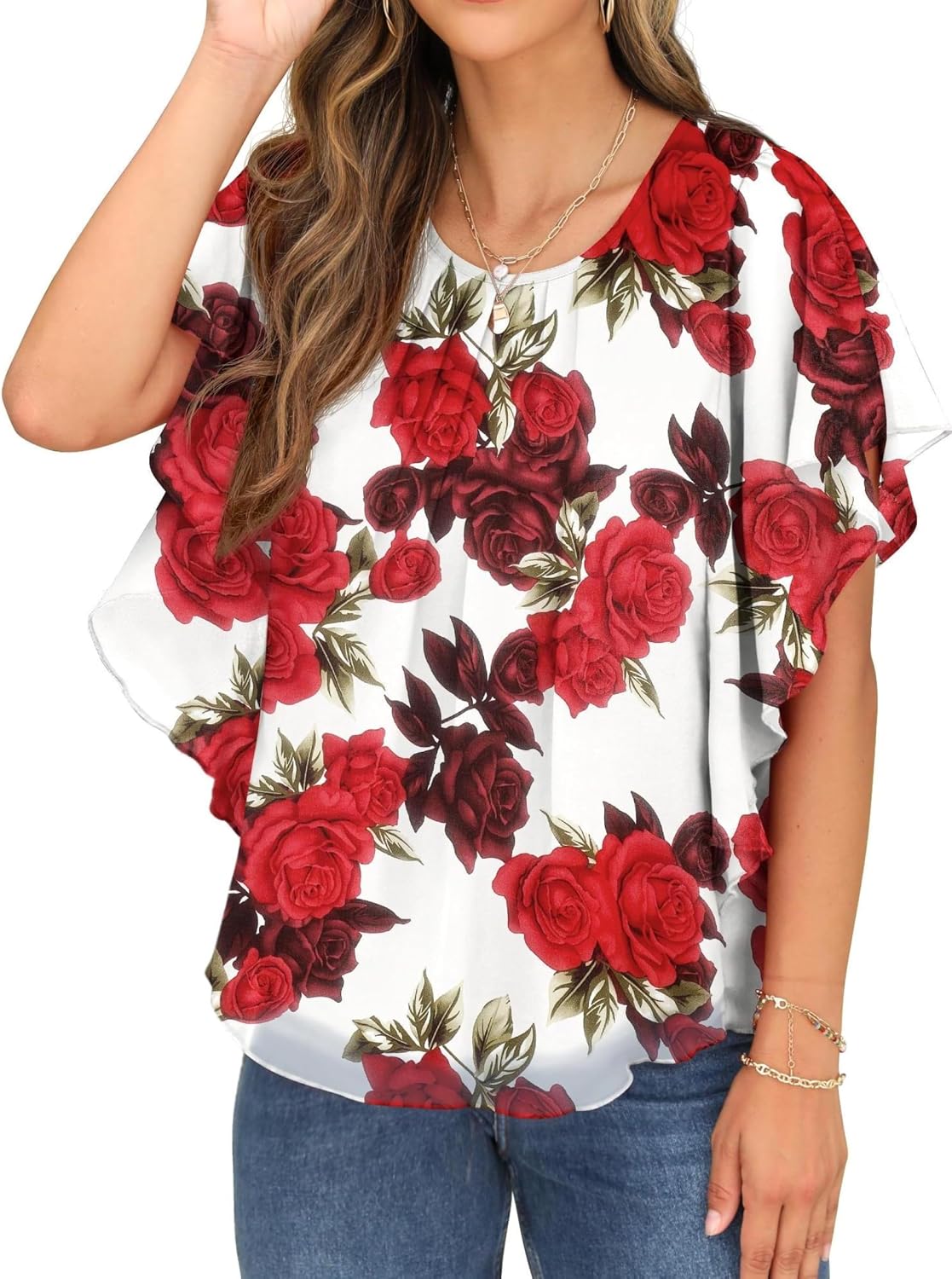 Detalle 2 de QIXING Bluse Damen Kurzarm Chiffon