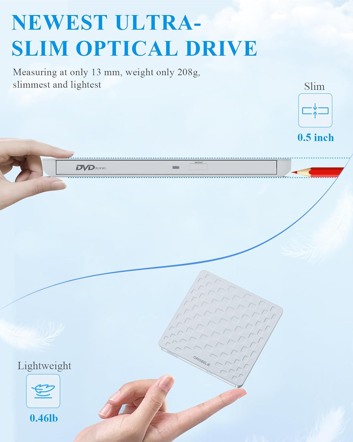Detalle 2 de ORIGBELIE External CD/DVD Drive for Laptop – Ultra-slim 13mm USB 3.0 Type-C Portable Burner/Reader (White)