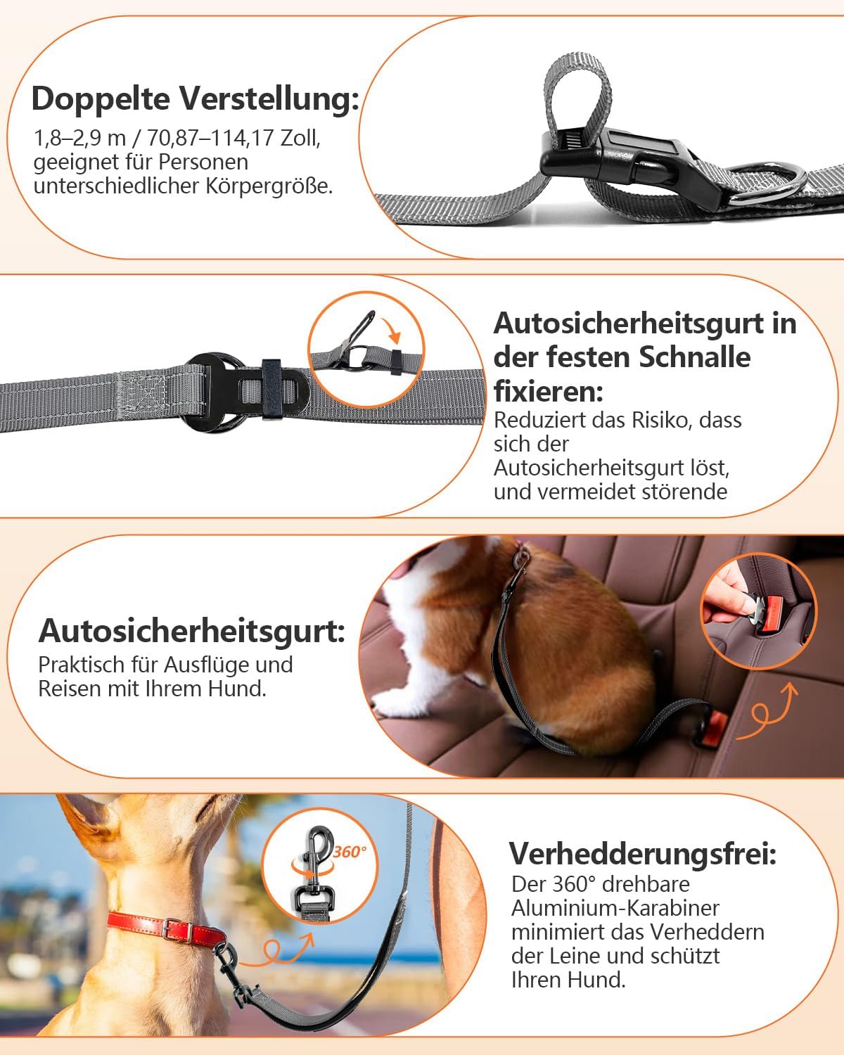 Detalle de WANFIRE Freihandleinen Hundeleine für Große bis Mittelgroße Hunde – 1,8–2,9 m mit Sicherheitsgurt und Reflektoren