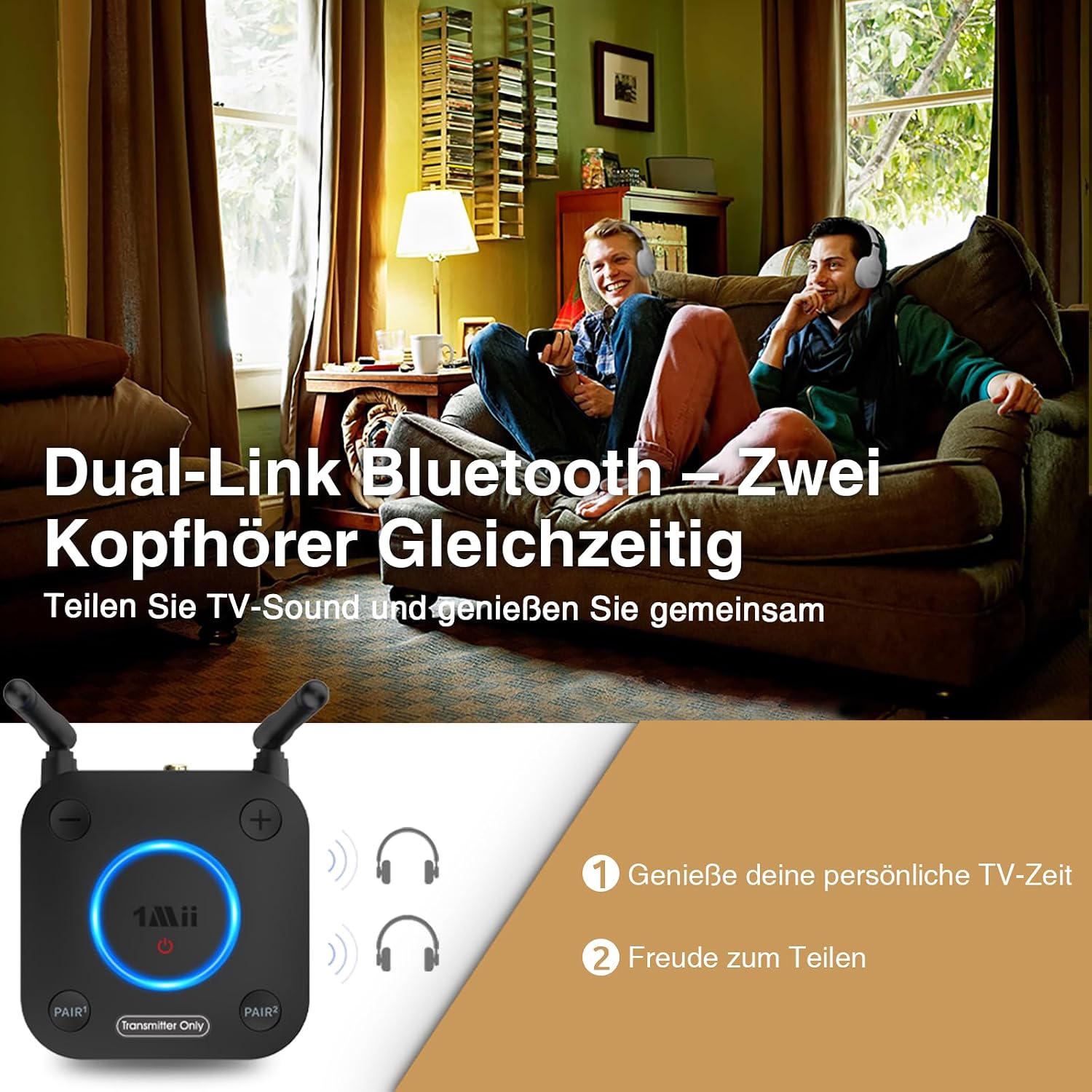 Detalle de 1Mii B06TX Bluetooth 5.3 Transmitter für TV – aptX HD & Low Latency, Dual-Link, Großer Reichweite