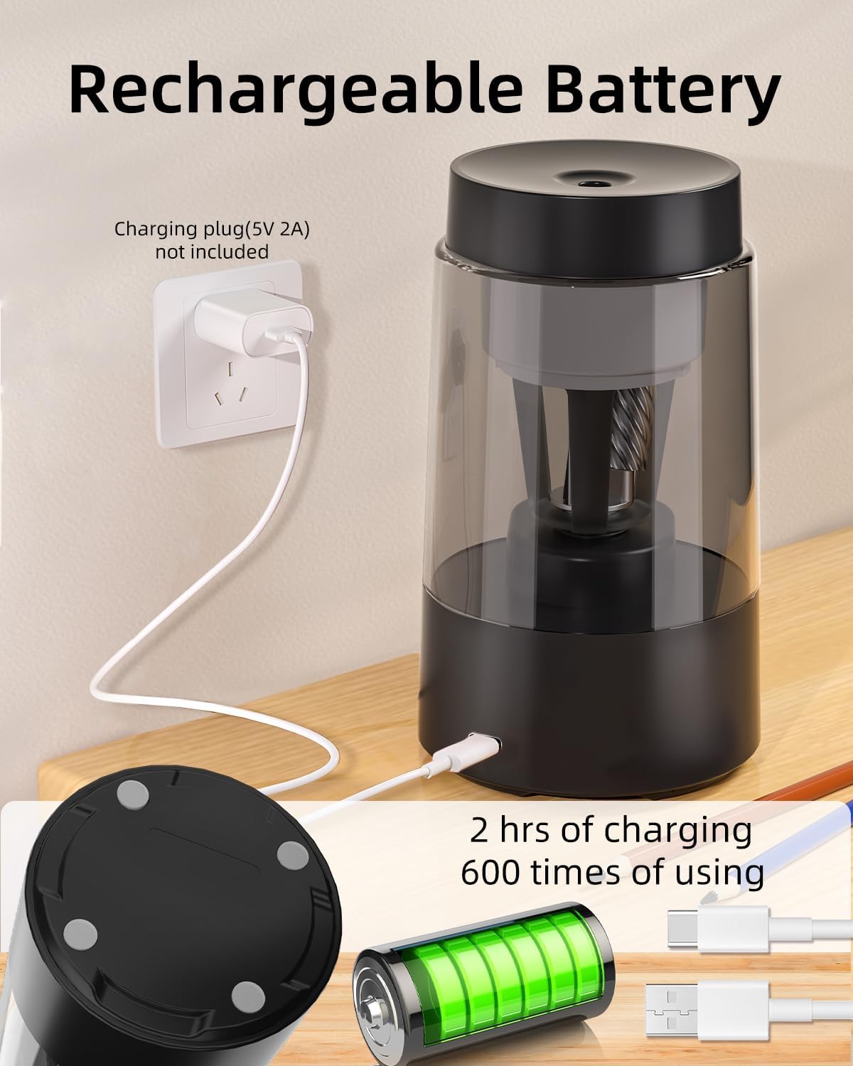 Thumbnail 4 de ZMOL Full Automatic Electric Pencil Sharpener – 6-8 mm, Rechargeable with Container (Black)