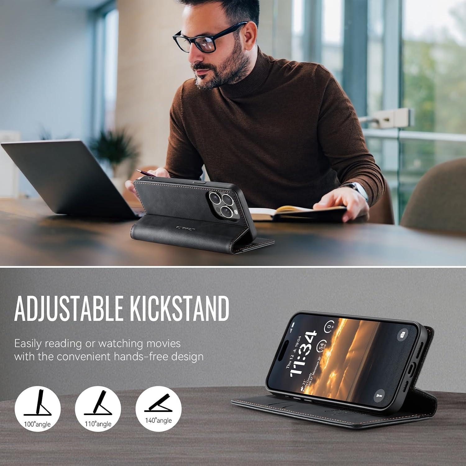Detalle 2 de Lonjanfon iPhone 14 Pro 5G Flip Wallet Hülle aus Kunstleder mit RFID-Schutz